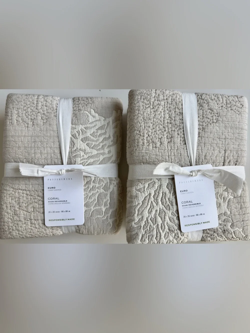 Pottery Barn 2 Coral Reversible Quilted Euro Shams, in Pebble, NWT, Retail $159